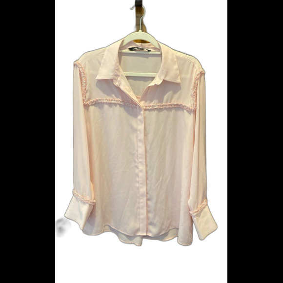 Zara Blouse Plus Size XL Soft Pink Button Down Unique Trim Feminine Sheer Sexy - Picture 1 of 12